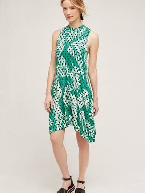 Maeve Caye Green Leaf & polka Dot Sleeveless Asymmetric A-Line Dress w pockets